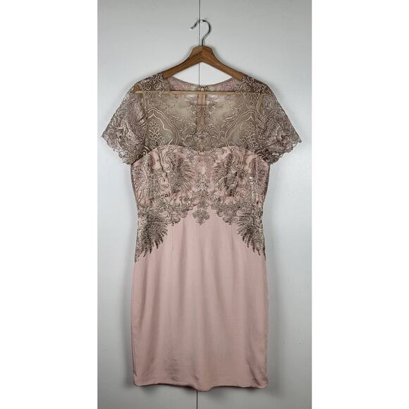 Marchesa Notte Silk Buckingham Sheath Mini Cocktail Dress Gold Metallic Lace 12 - Picture 3 of 12